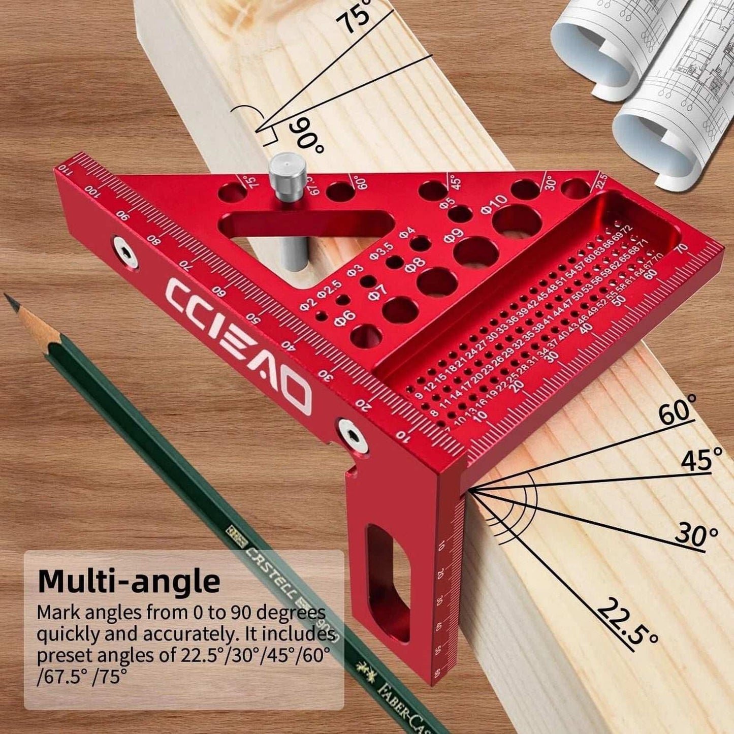 3D Carpenter Square W/ Degrees Scriber, 22.5-90 Degree Drawing Line Ruler W/ Pin, Precision, Woodworking, Construction, Craftsmen (Metric)