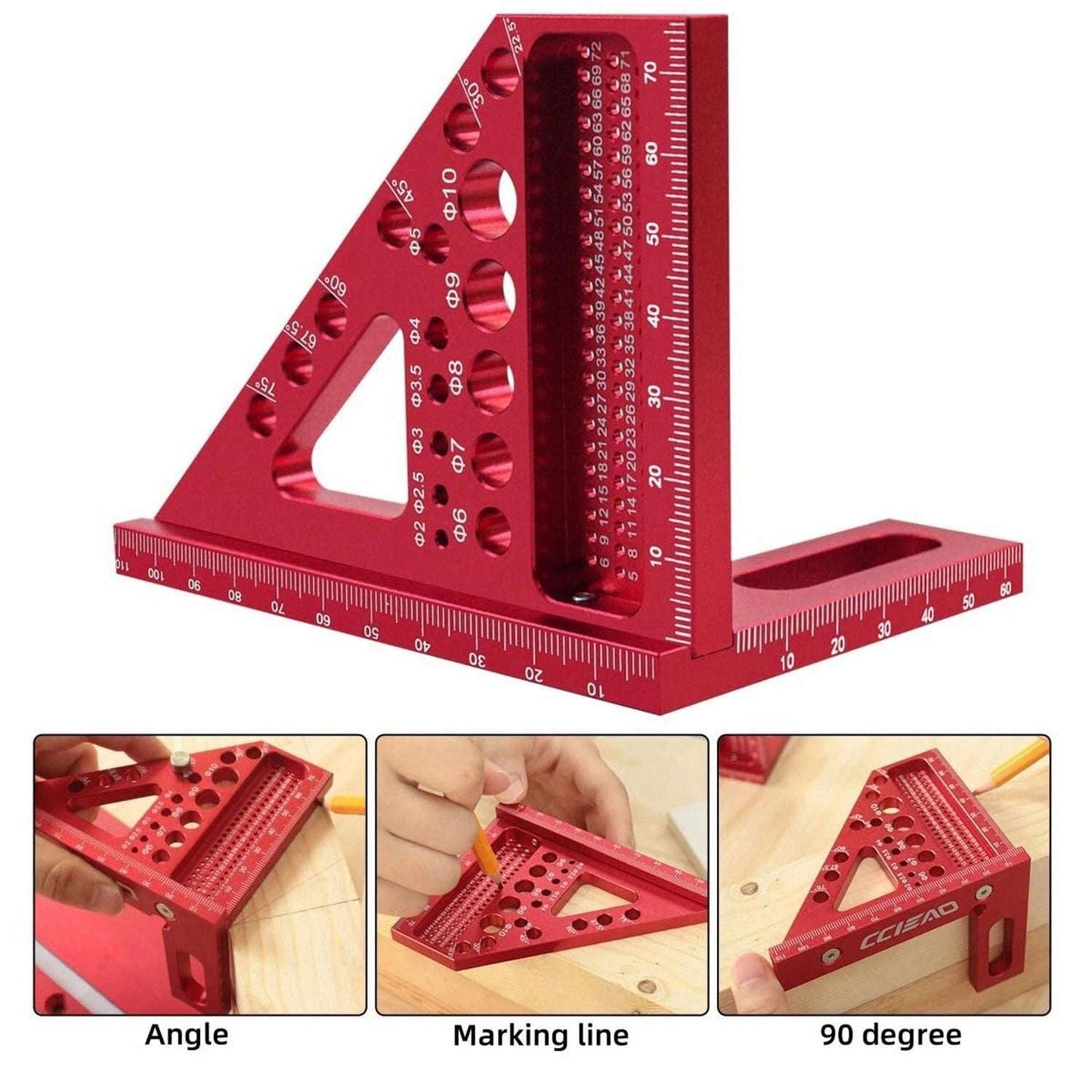 3D Carpenter Square W/ Degrees Scriber, 22.5-90 Degree Drawing Line Ruler W/ Pin, Precision, Woodworking, Construction, Craftsmen (Metric)