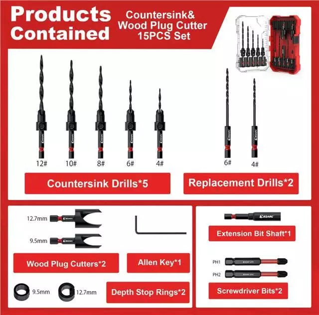 EZARC Countersink Drill Bit Set 15-Pack, Tapered Drill Bits Kit with 2PCS Wood Plug Cutter for Woodworking, with Storage Box