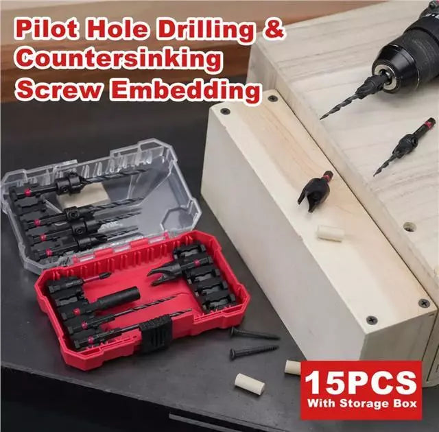 EZARC Countersink Drill Bit Set 15-Pack, Tapered Drill Bits Kit with 2PCS Wood Plug Cutter for Woodworking, with Storage Box