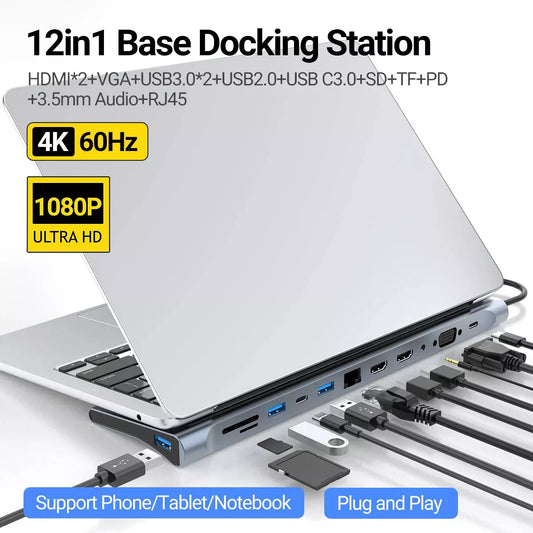 12 in 1 USB-C Docking Station Triple Monitor with HDMI Laptop, Type C to 2 Hdmi + Vga, Hub Multiport Adapter W/ USB 3.0 SD/Tf Audio for Macbook