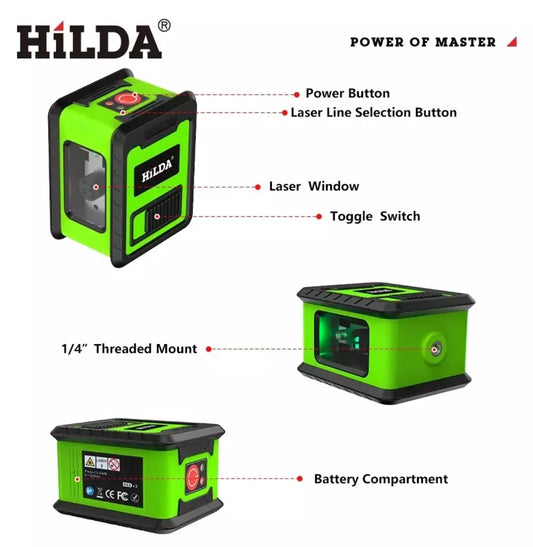 HILDA Laser Level Meter 2-Lines Cross Green Level Laser Horizontal & Vertical Nivel Laser Self-Leveling W/ Tripod, Wall Bracket & Storage Bag