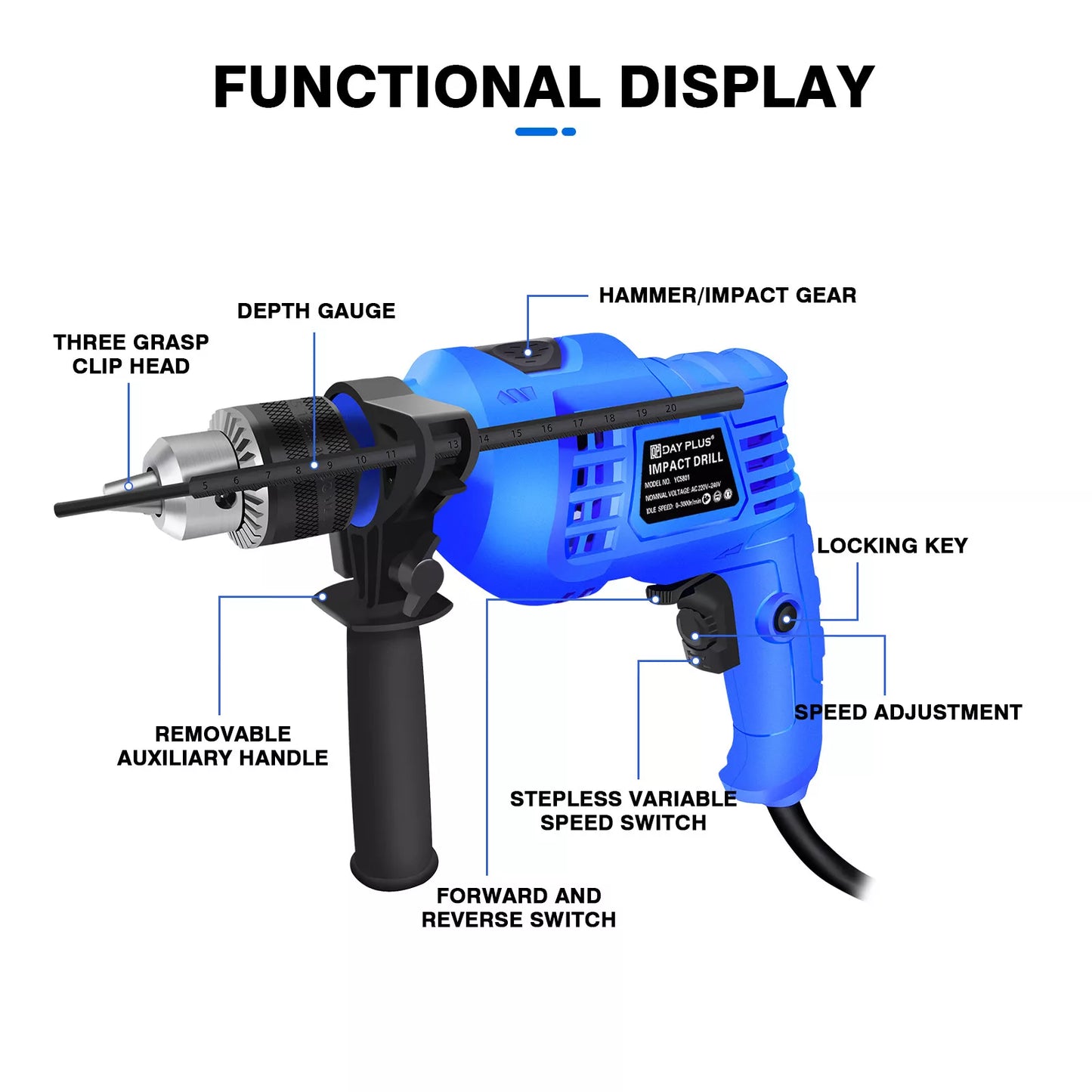 Dayplus Hammer Drill Heavy Duty Electric Corded Impact Drill 850w Rotary with Bits Set