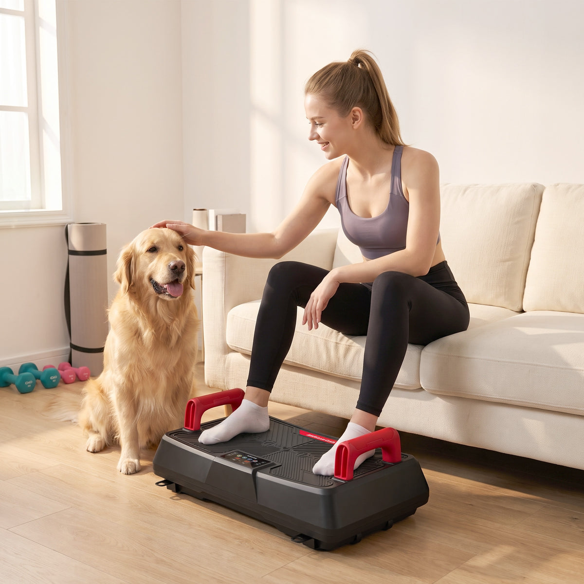 Vibration Plate Exercise Machine | 150W Swing Arm Motor | 99 Speeds | 3 Preset Programmes | 2 Resistance Bands | Removable Handles | LED Display & Remote | Anti-Slip TPR | 120kg | 66x40x23cm | Red