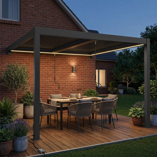 3x3m Wall-Mounted Louvered Pergola | LED Lights | Adjustable Louvres | Drainage | Windproof 7-8 | Dark Grey