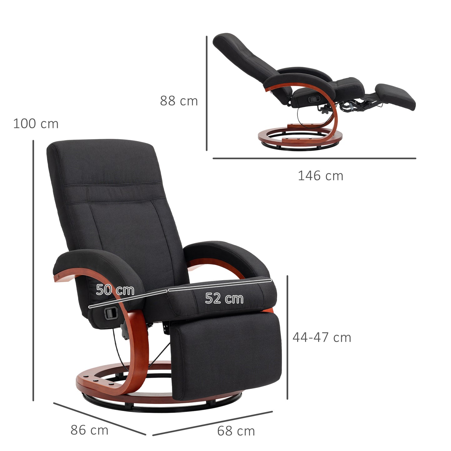 135° Manual Reclining Swivel Chair, with Footrest - Black