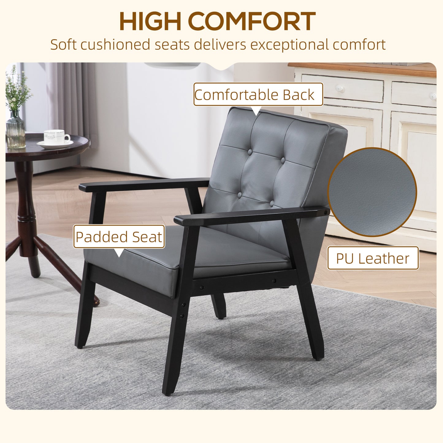 2 Pieces Armchairs, PU Leather Accent Chairs, Occasional Chairs with Beech Wood Frame for Living Room, Reception, Bedroom, Balcony, Grey