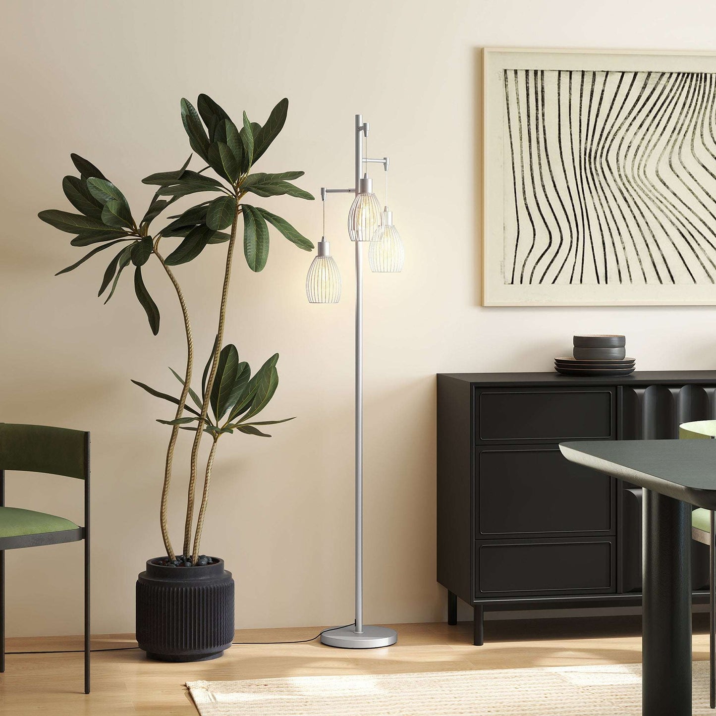 170cm Industrial 3-Light Floor Lamp, Dimmable Standing Lamp with Steel Lampshades for Living Room, Bedroom, Dinging Room, Study, Silver Tone