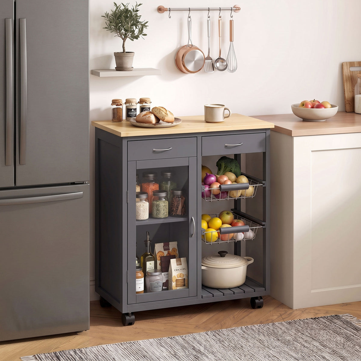 Rolling Kitchen Island Trolley | Bamboo Worktop | Glass Door Cabinet | 2 Wire Baskets | 2 Drawers | Adjustable Shelf | 4 Wheels | 67x35x80cm | Grey