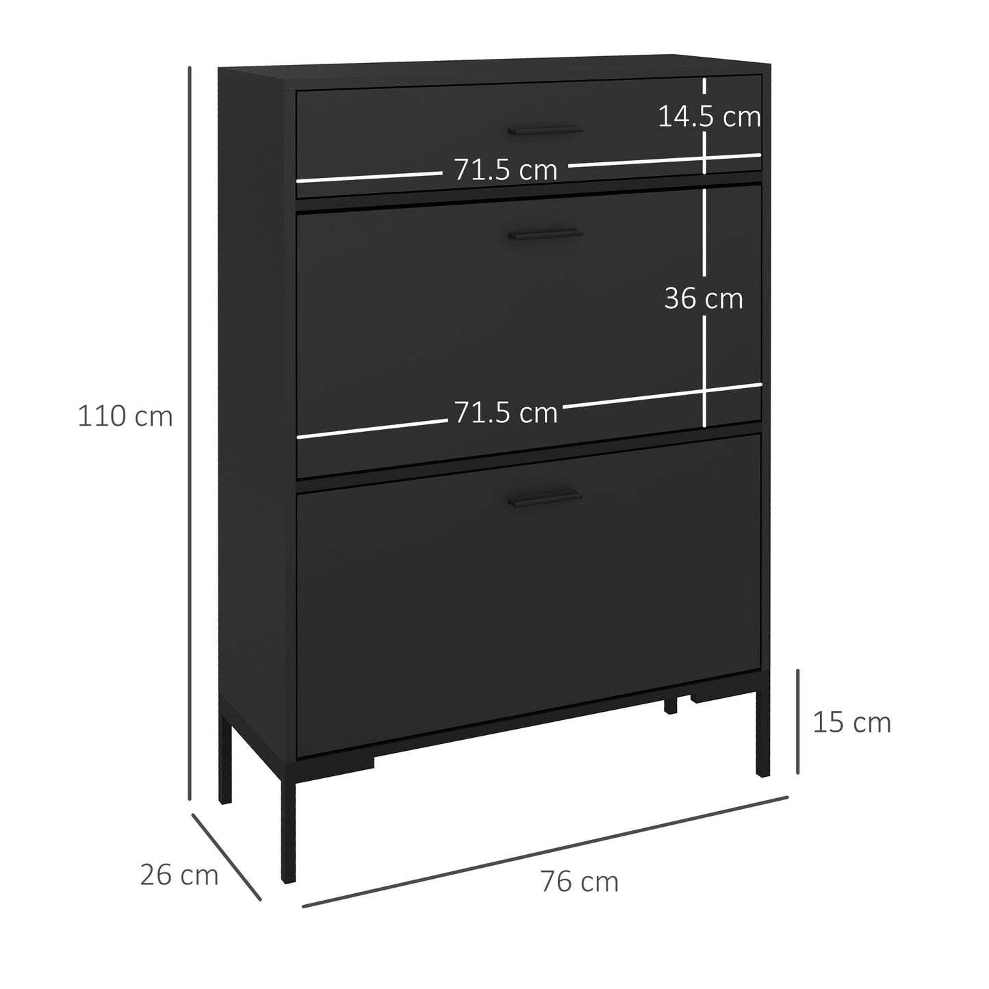 3 Drawer Shoe Cabinet Cupboard with 2 Flip Doors, Sliding out Drawer and Adjustable Shelf for 12 Pairs of Shoes, Narrow Shoe Storage Organiser for Hallway, Entryway, Black