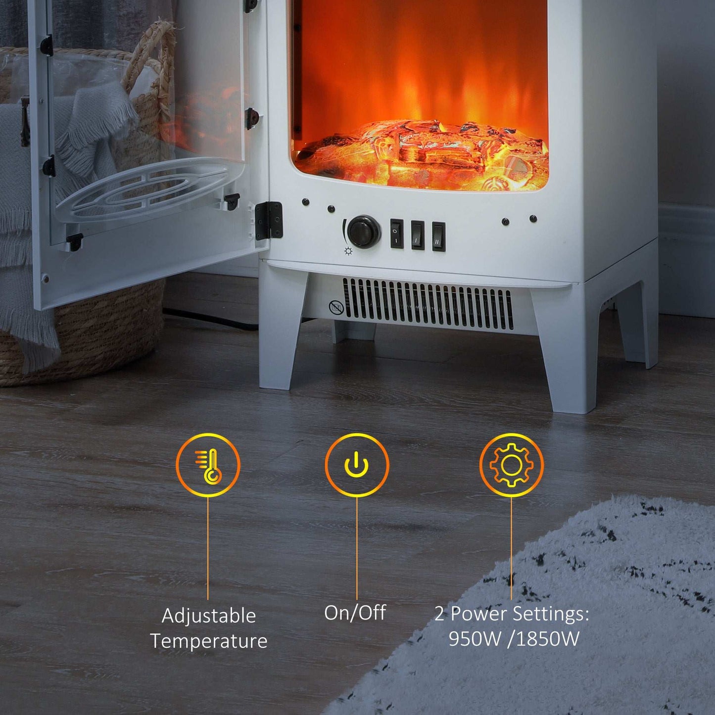 Tempered Glass Casing Electric Fireplace, Freestanding Fire with Realistic Flame Effect Log Burner with Overheat Protection, 950w/ 1850W, White