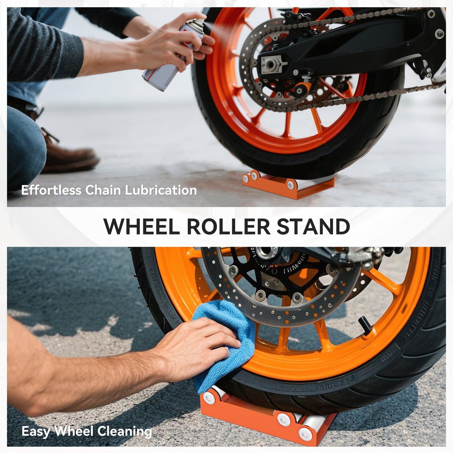 Motorcycle Wheel Cleaning Roller Maintenance Stand with Steel Frame, Aluminium Rollers, for Tyre Cleaning and Chain Lubrication, Fit Tyre Width < 180mm, Bikes < 485lb, Orange