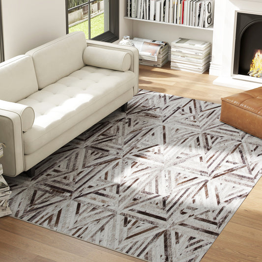 Modern Chenille Area Rug | Faux Leather Patchwork Print | Machine Washable | Non-Slip | Foldable | 290x200cm | Brown | Living Room Bedroom Dining Room Home Office
