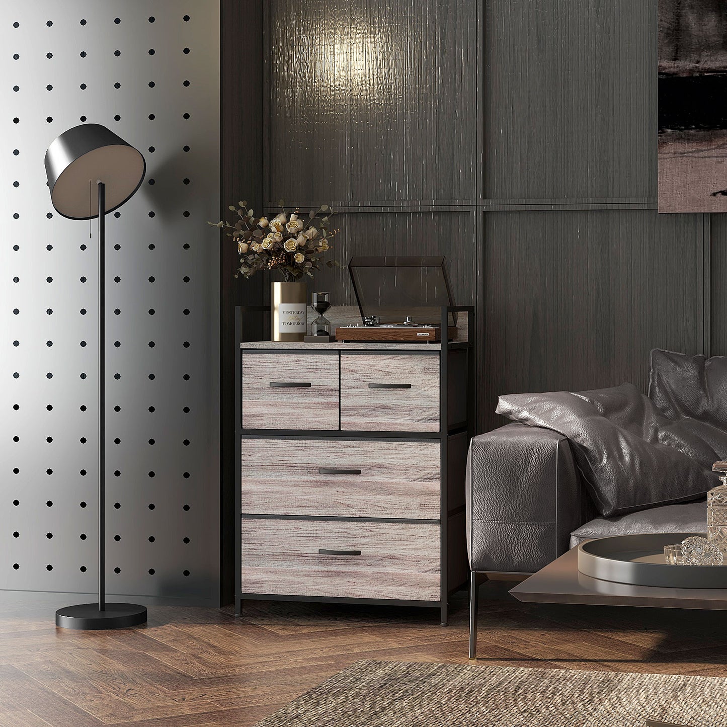 Retro Style Rustic Chest of Four Fabric Drawers - Grey Wood Effect