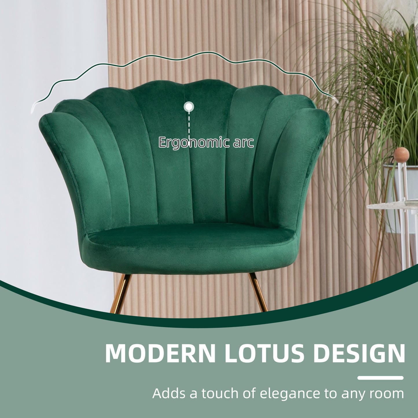 Vintage Retro Style Velvet-Feel Lotus Petal Accent Chair - Green