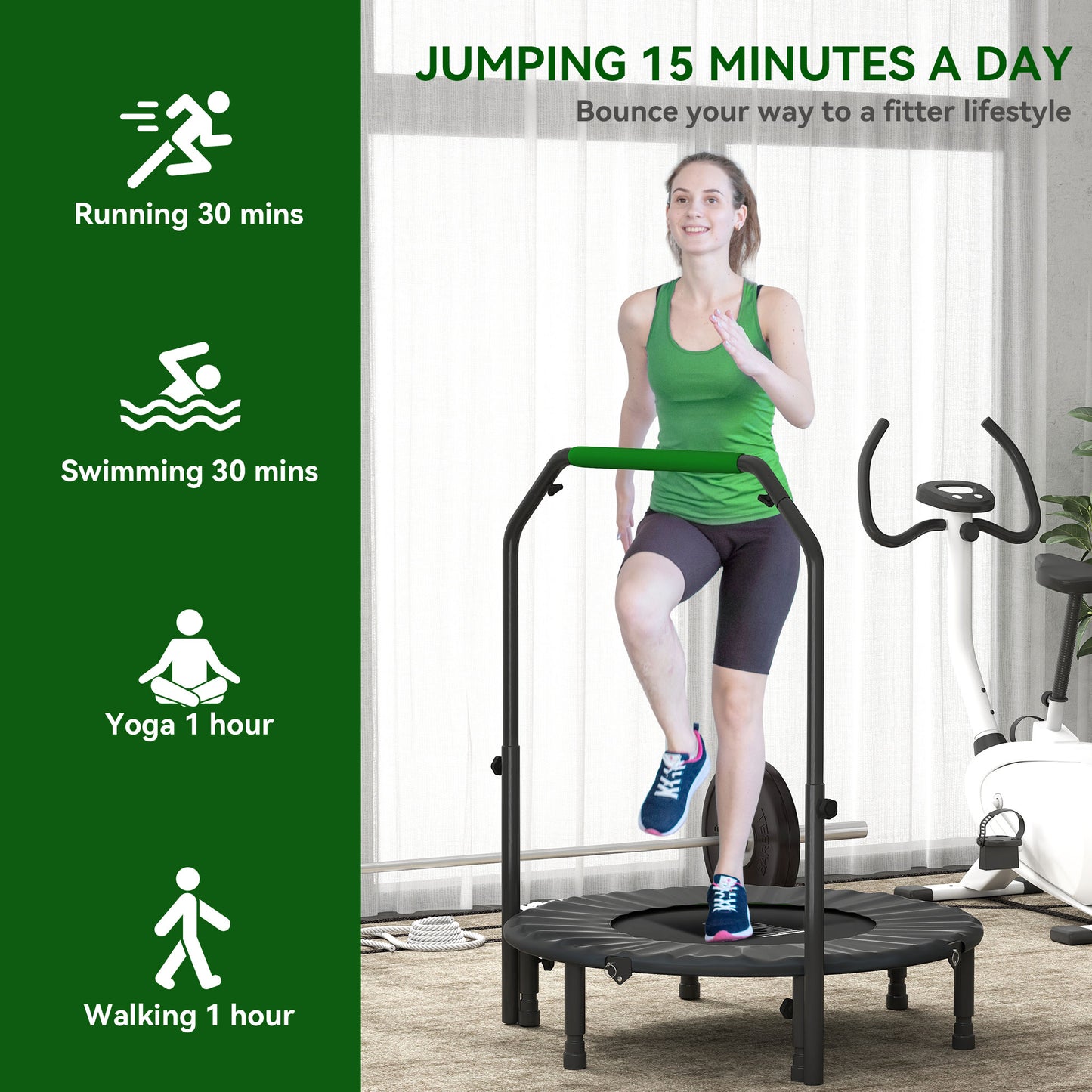 40" Foldable Mini Fitness Trampoline, with Adjustable Foam Handle, Green