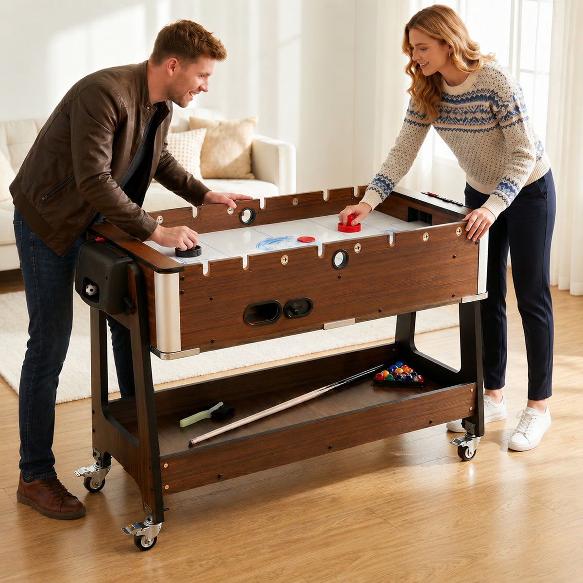 3 in 1 Multi Game Table | Pool | Air Hockey | Football | 3.4ft | Lockable Wheels | Storage Shelf | Walnut Effect