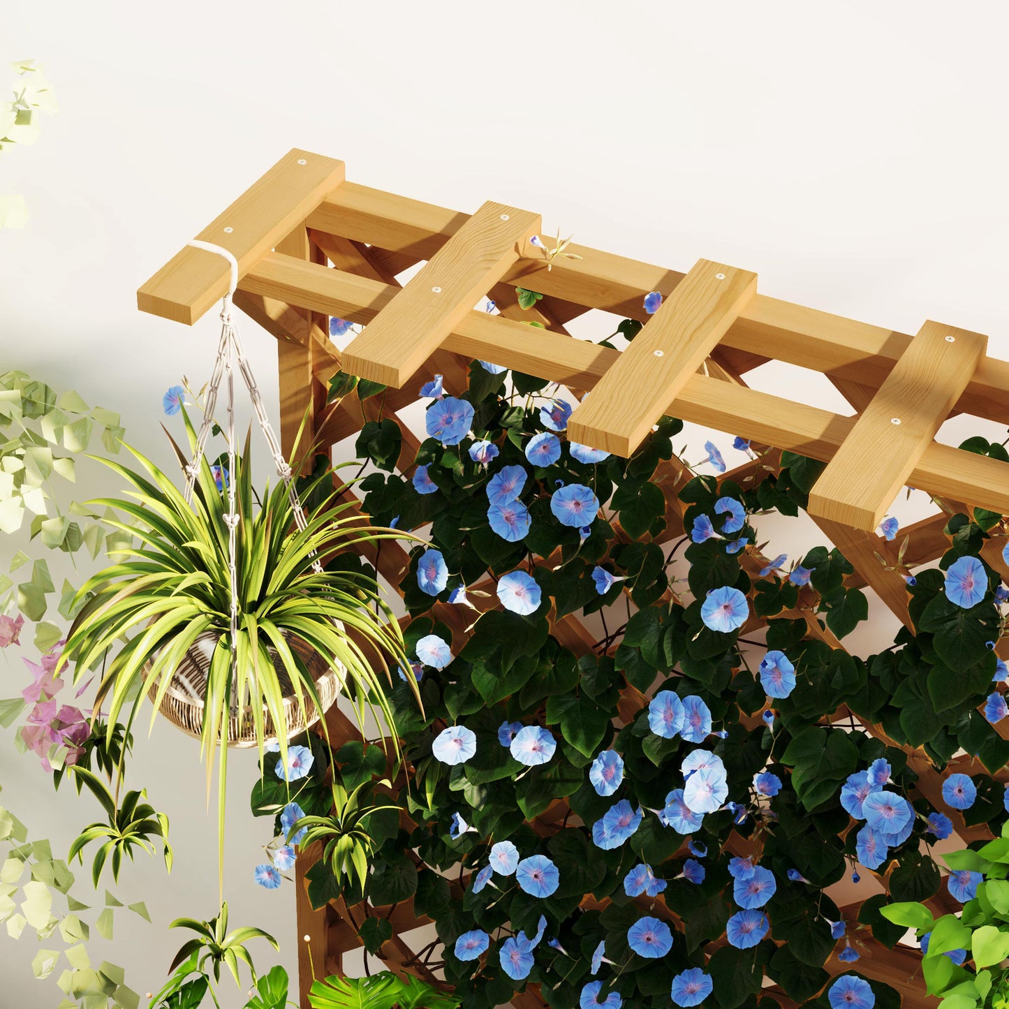 Wooden Planter with Trellis, Freestanding Raised Garden Bed with Drainage Holes, Outdoor Planter Box with Liner for Vegetables, Herbs and Flowers