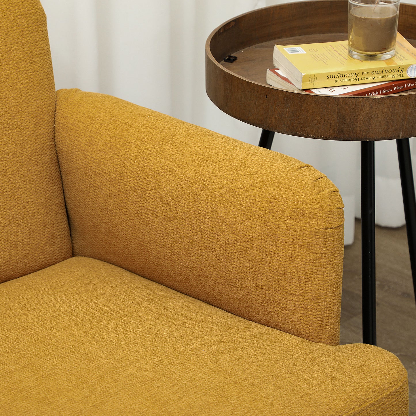 Vintage Retro Style Velvet Feel Fabric 2 Seater Sofa, Small Sofa Loveseat with 21cm Thick Padding and Wood Legs, Yellow