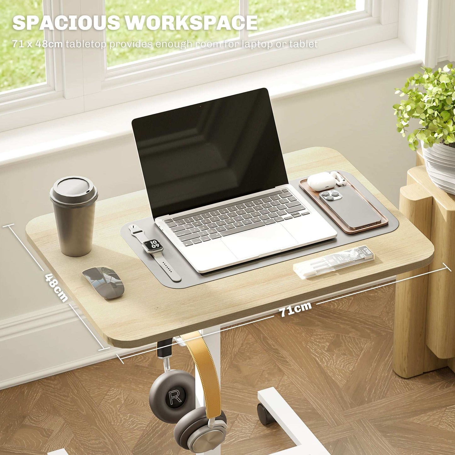 Height Adjustable Standing Desk, Pneumatic Sit Stand Desk for Laptop, Mobile Overbed Table W/ Wheels And Headphone Hook for Home Office