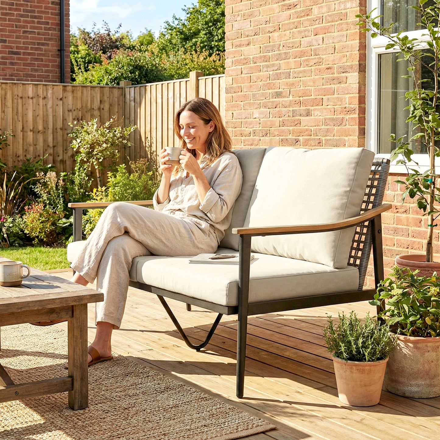 2 Seater Rattan Garden Sofa | Wood-Effect Armrests | Cut-Out PE Rattan Backrest | 8cm Seat & 12cm Back Cushions | Steel Frame | 240kg | 120x75x78cm | Khaki