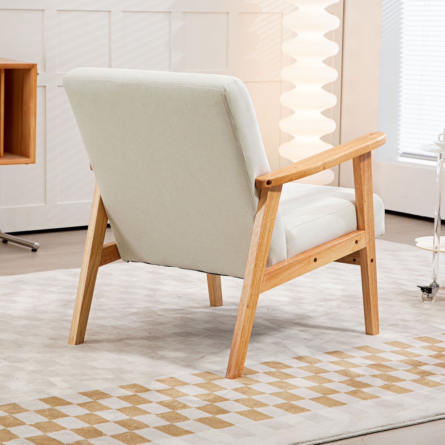Fabric Accent Chair for Living Room, Arm Chair with Rubber Wood Frame and Padded Cushion, Cream White