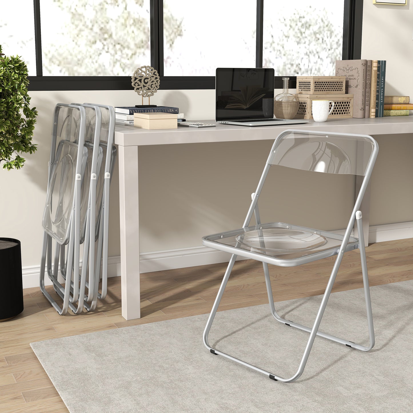 Set of 4 Transparent Acrylic Folding Chairs | Steel Frame | Folds to 4.5cm | No Assembly | Non-Slip Feet | 120kg | 47x48x75cm | Clear