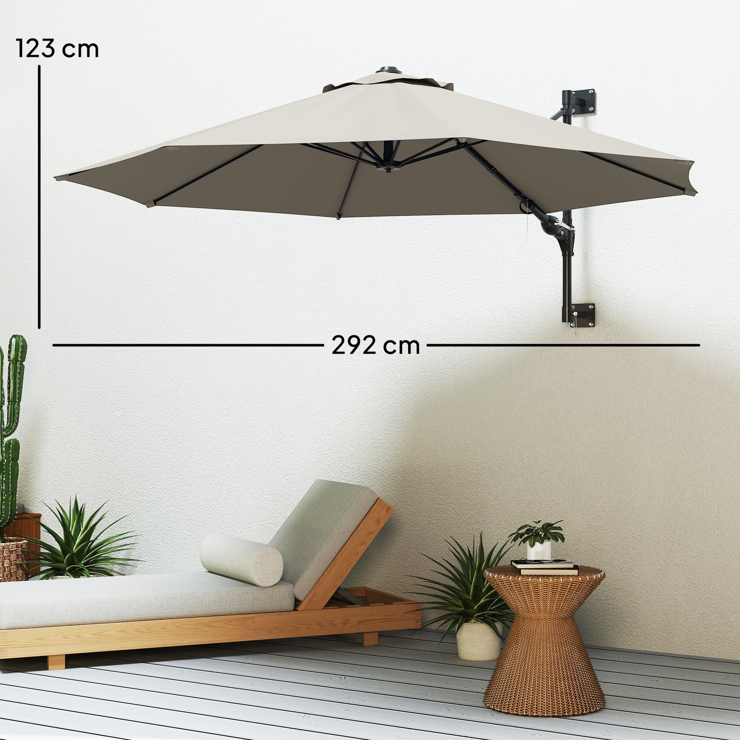 Outsunny 3(m) Wall-Mounted Parasol Shade, with Handle - Light Grey / Khaki / Orange
