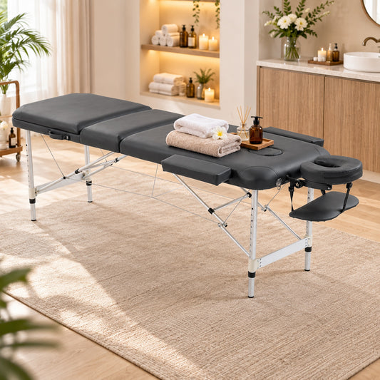 Portable Massage Table | 3-Section Folding Aluminium Beauty Couch | 9 Height Settings, Adjustable Backrest & Headrest | Black