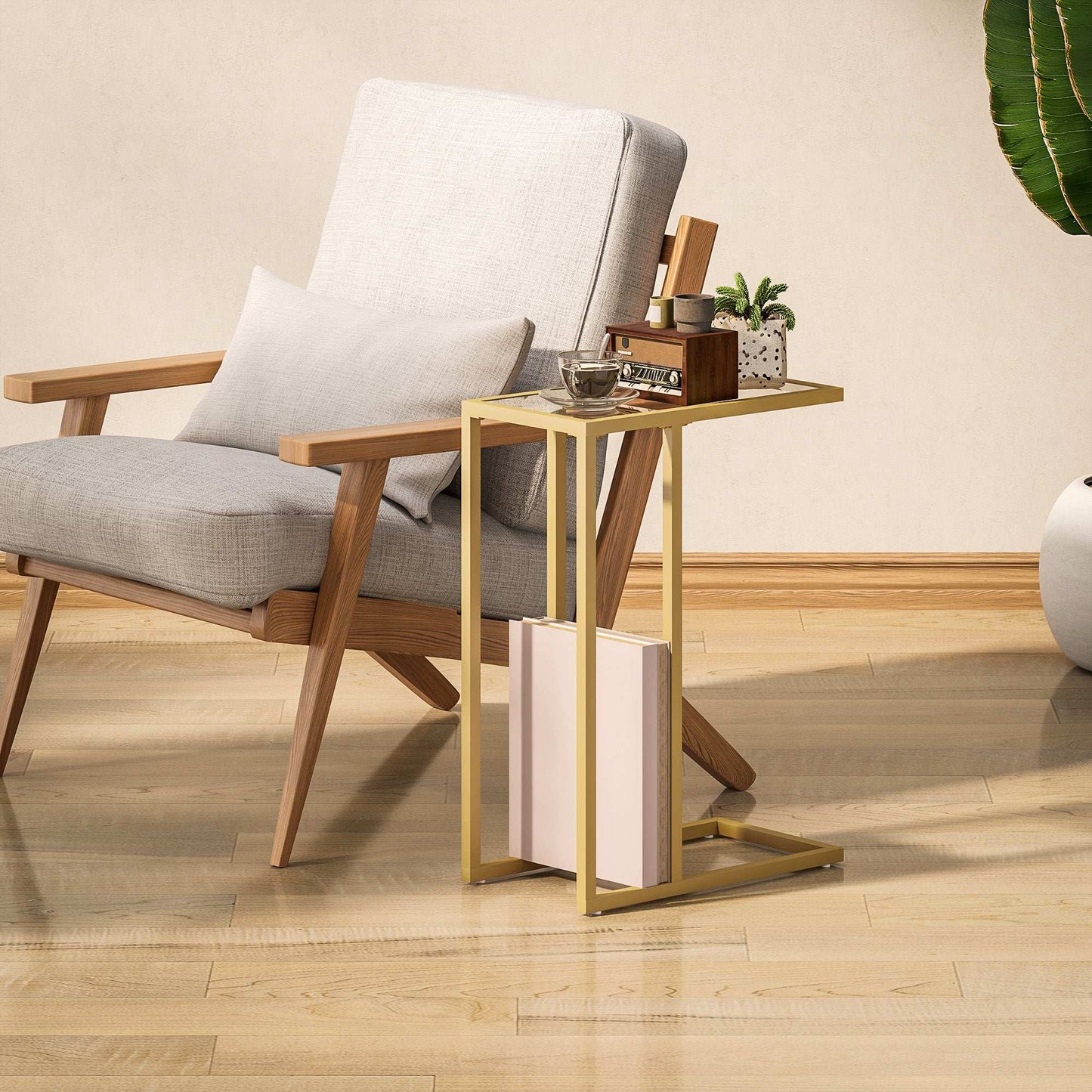 C-Shaped Bedside Table, Modern Side Table with Tempered Glass Tabletop, Steel Frame for Small Space, Living Room, Bedroom, Gold Tone