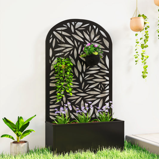 Metal Raised Planter with Curved Leaf Trellis & Privacy Screen | Wall Mounted or Freestanding | 29L Soil | 50kg | Powder-Coated | 61x23x113cm | Climbing Plants | Black