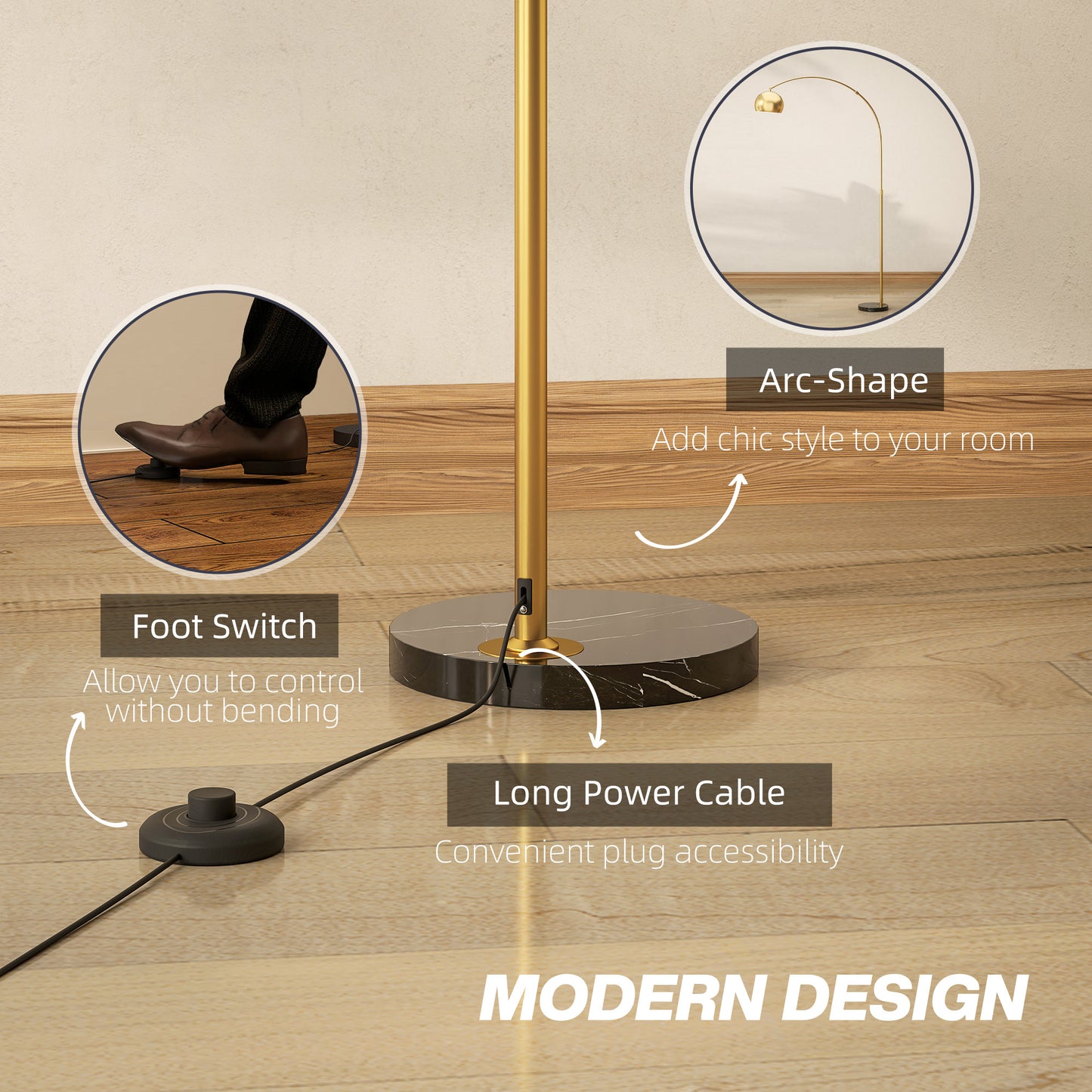 180cm Arc Floor Lamp for Living Room, Home Offices, Bedrooms, Modern Standing Lamp with Foot Switch, Faux Black Marble Base, Black Bell Shade