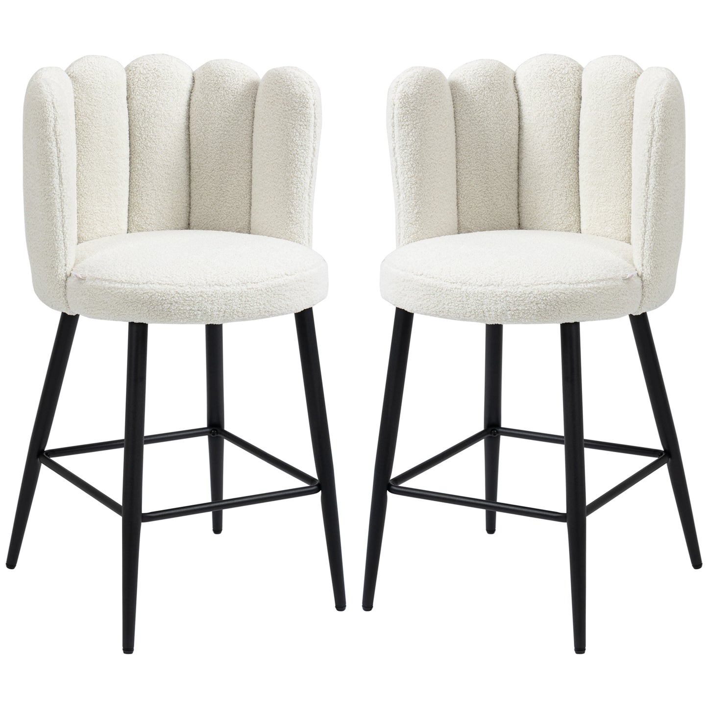 Bar Stools Set of 2, Faux Cashmere Upholstered Breakfast Bar Chairs, Modern Kitchen Stools with Backs, Footrest and Steel Base, Cream