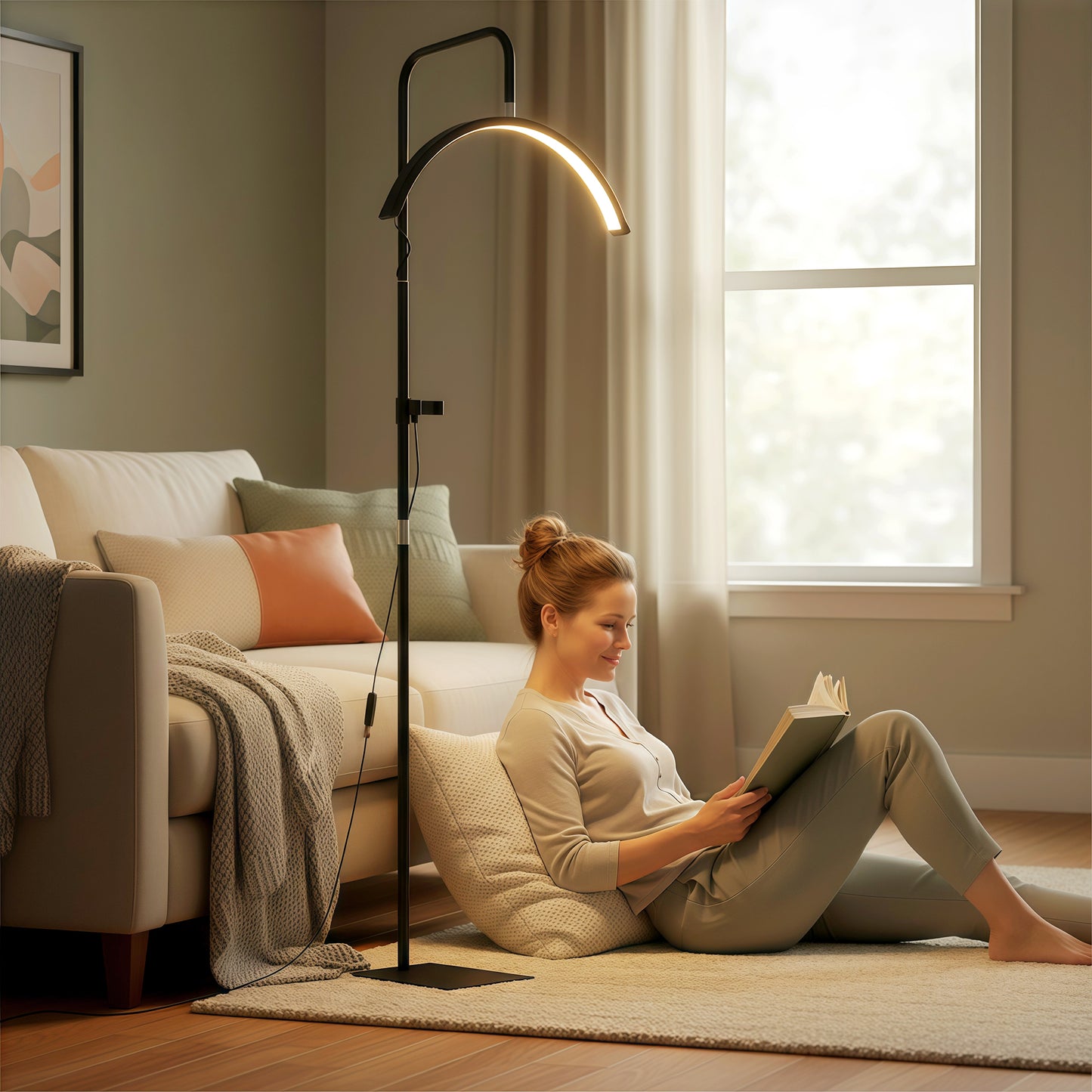 Half Moon Lash Light, Beauty Floor Lamp with 350° Rotatable Head, 7 Colour Temperature and Phone Holder, Dimmable Standing Lamp for Eyelash Extension, Tattoo, Nails, Skincare, Black