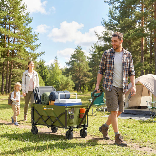 Outsunny 80L Foldable Festival Trolley on Wheels – Drop-Down Tailgate, 150kg, Adjustable Handle, 2 Cup Holders, Quick-Release Wheels – Green