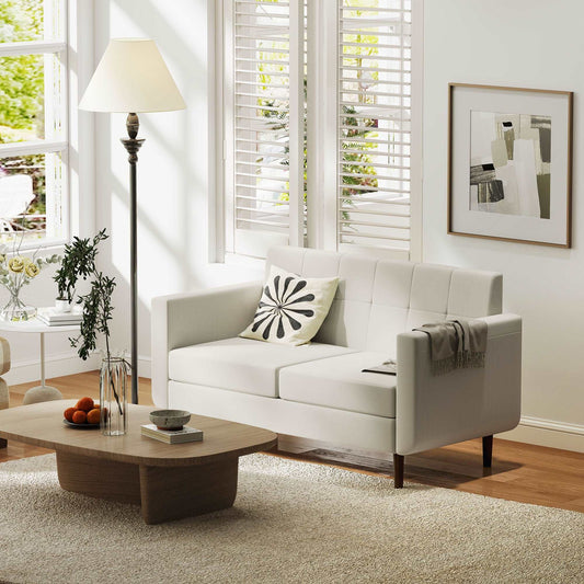 2 Seater Sofa, Modern Tufted Fabric Couch, Upholstered Loveseat, Wood Legs for Small Space, Living Room, Bedroom, Office, Cream White