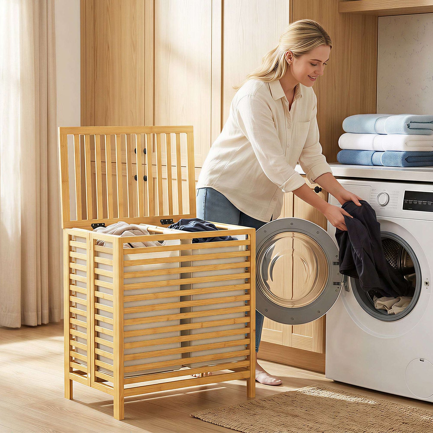 Bamboo Laundry Basket | Double 64L | 2 Washable Oxford Bags | Lid | Top Shelf | Foldable | 30kg | Natural & Cream White
