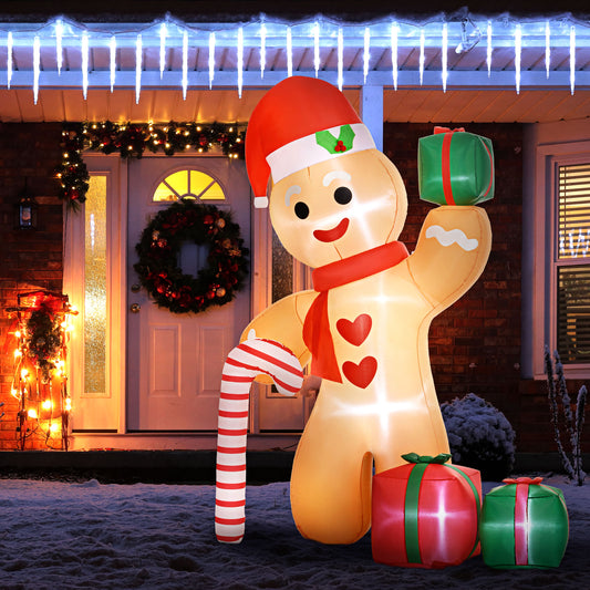 Outsunny 8FT Inflatable Gingerbread Man with Candy Cane and Three Gift Bags, Christmas Blow Up Outdoor LED Display for Garden Party