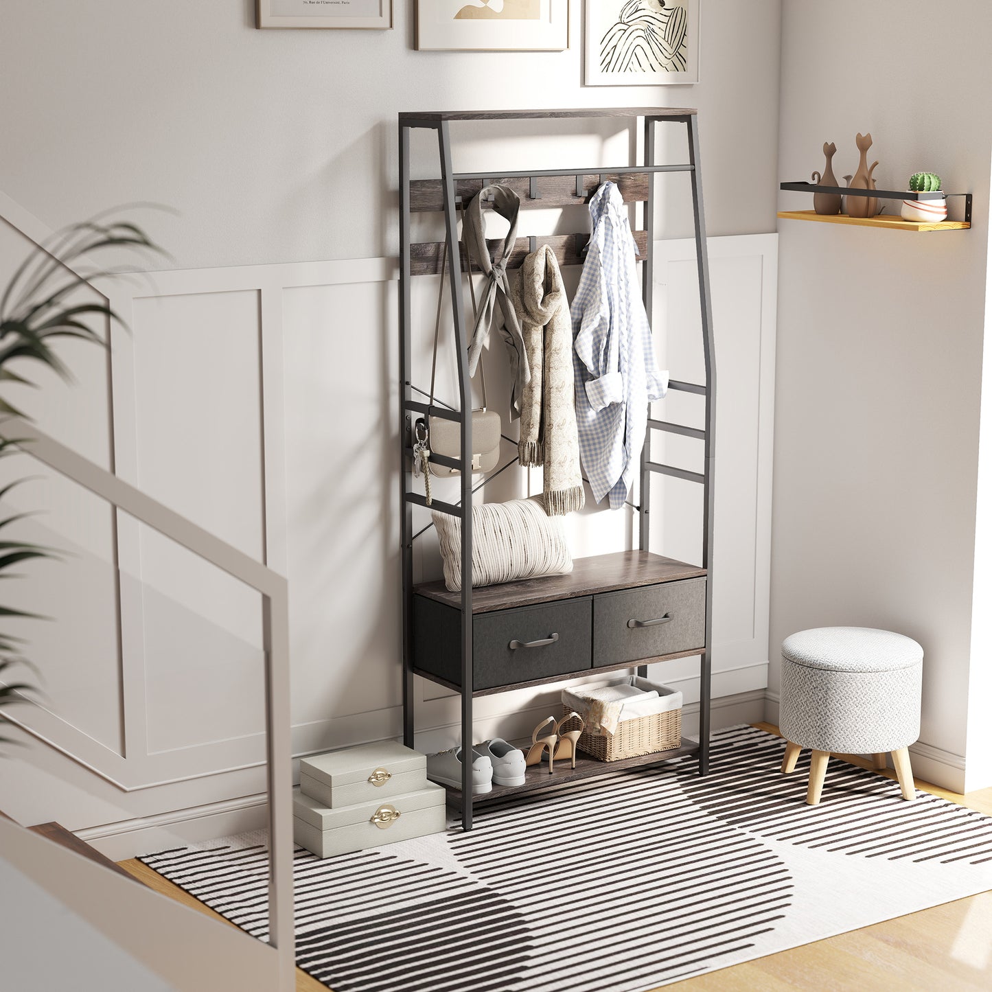 Coat Rack with Shoe Storage, Hall Tree, Industrial Coat Stand with Shoe Bench, 10 Removable Hooks, 2 Fabric Drawers and Clothes Rail, Grey
