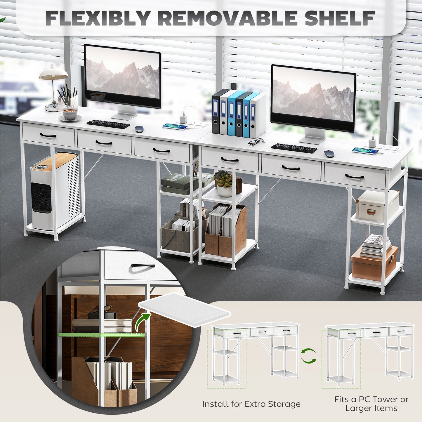 120cm Computer Desk with Power Outlets, Office Desk Study Table with 3 Fabric Drawers and 4 Storage Shelves, White
