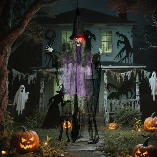 183 cm Life Size Halloween Animated Hanging Witch with Glowing LED Eyes, Spooky Witch Scary Halloween Decorations, Battery Operated, Indoor Party Props