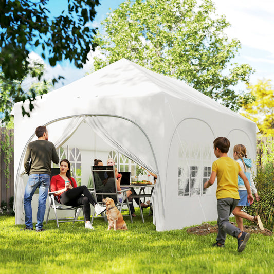 3x6m Peak-Top Pop-Up Party Gazebo | 15-20 People | UPF30+ 210D Oxford Fabric | 6 Sidewalls | 4 Windows & 2 Zipper Doors | 3 Height Settings | 12 Drainage Holes | Stakes, Ropes & Sandbags | Carry Bag | Light Grey & White