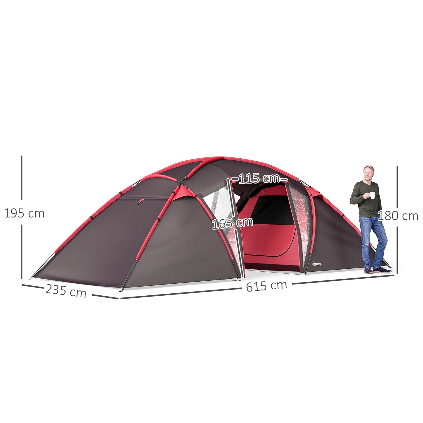 4-6 Man Family Camping Tent w/ 2 Bedrooms and a Living Room, Waterproof Tunnel Tent w/ Sewn In Groundsheet, Doors, Windows, Bag