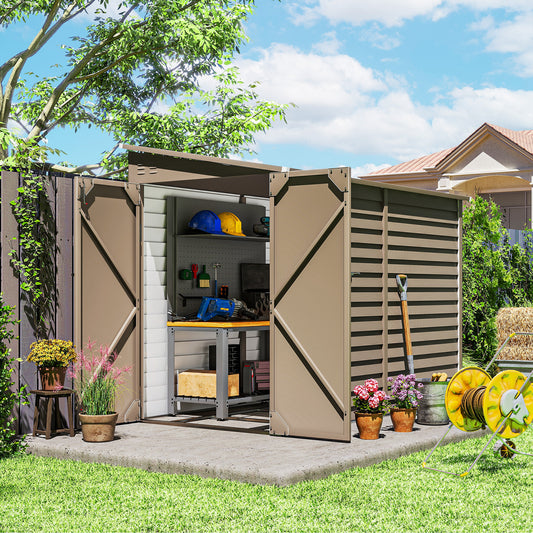 Outsunny 5 x 9ft Galvanised Metal Garden Shed with Foundation Kit, Outdoor Lean-to Shed, Tool Storage House with Lockable Doors, Brown