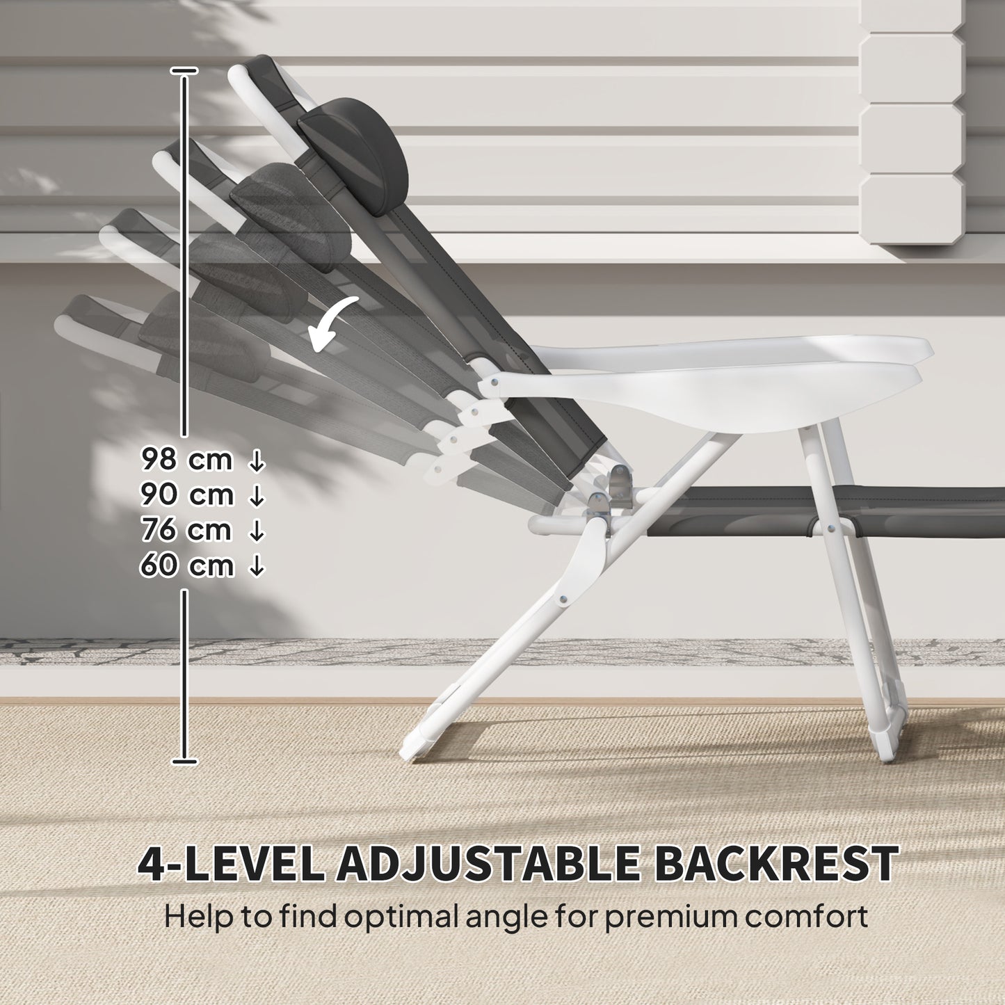 Outsunny Foldable Lounge Chair with 4-Level Adjustable Backrest & Headrest - Charcoal Grey