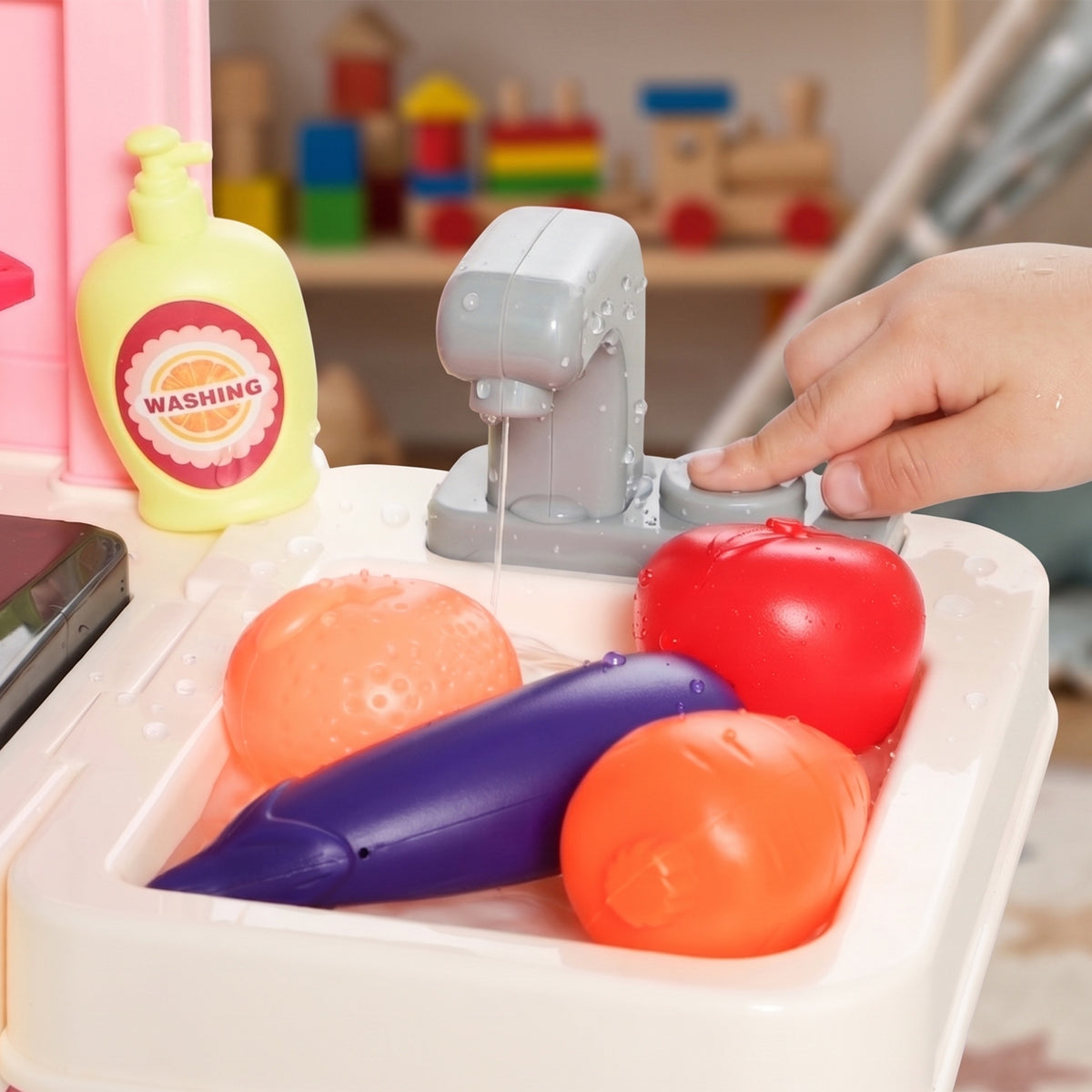 Kids Play Kitchen | Pink 33-Piece Pretend Cooking Set with Lights, Sounds & Water-Circulating Sink