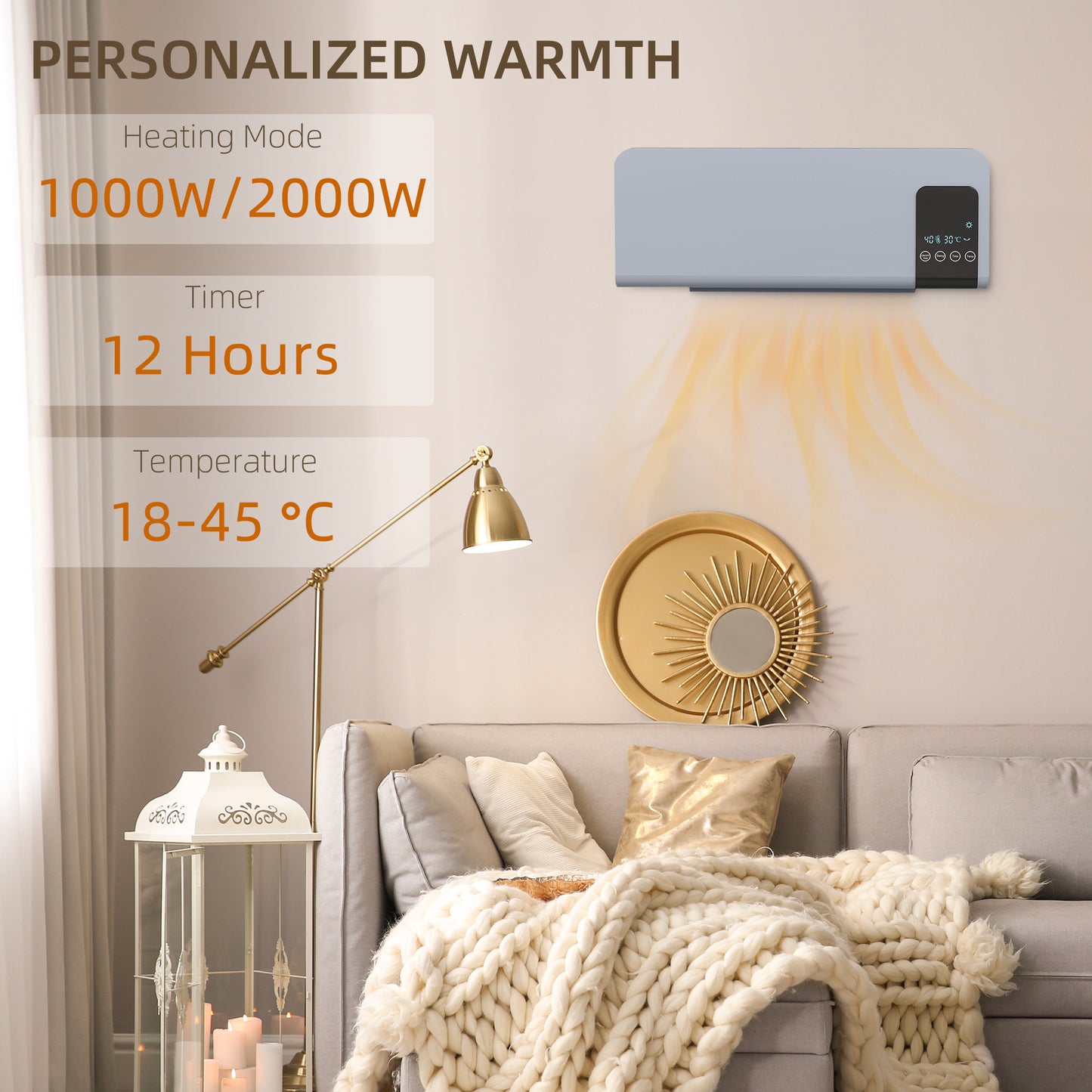 2000W Wall Mounted Heater, 18-45°C Temperature, Grey