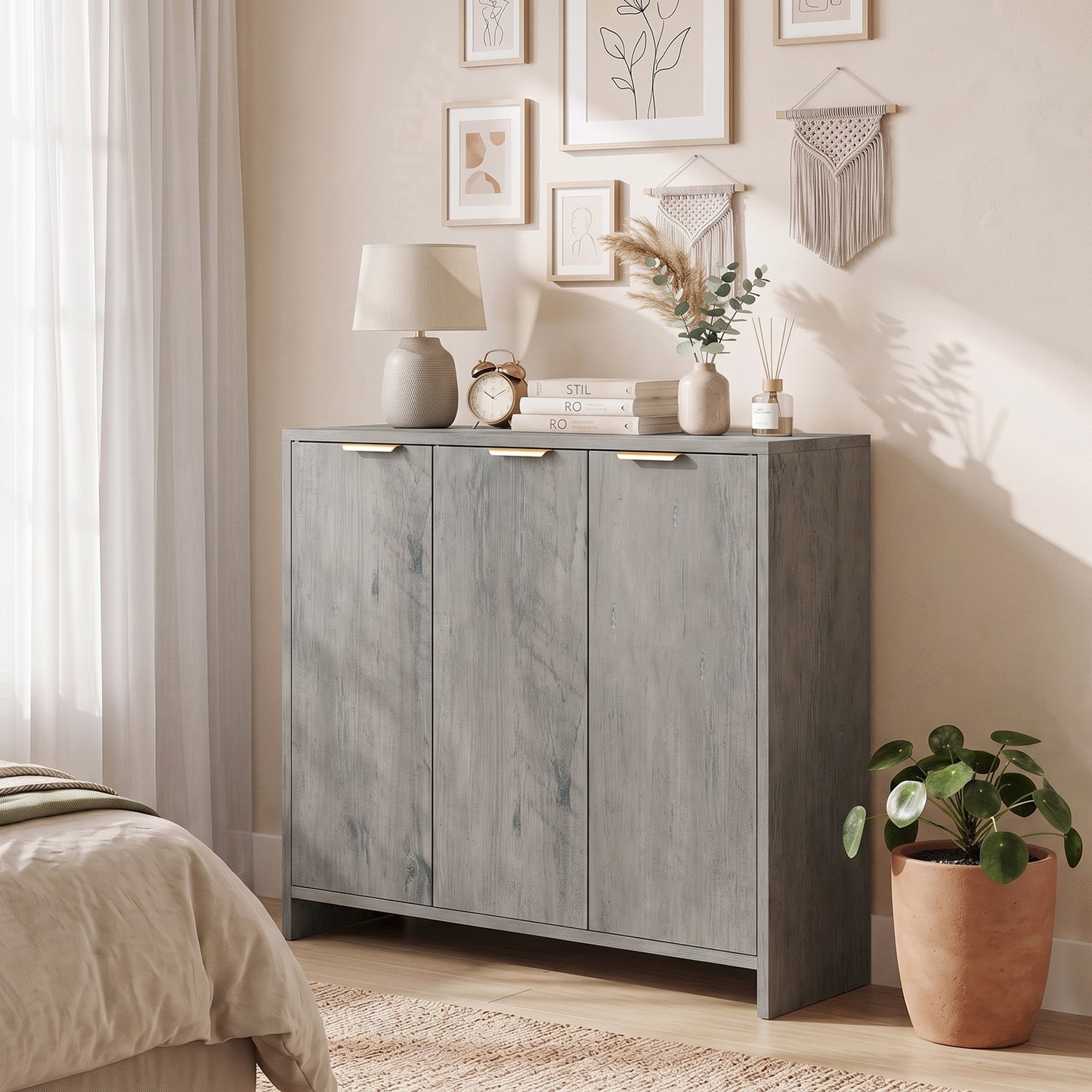 Modern Sideboard Cabinet | 3 Doors | Adjustable Shelves | Gold Handles | Anti-Tip Kit | 40kg | Living Room & Dining Room | Grey