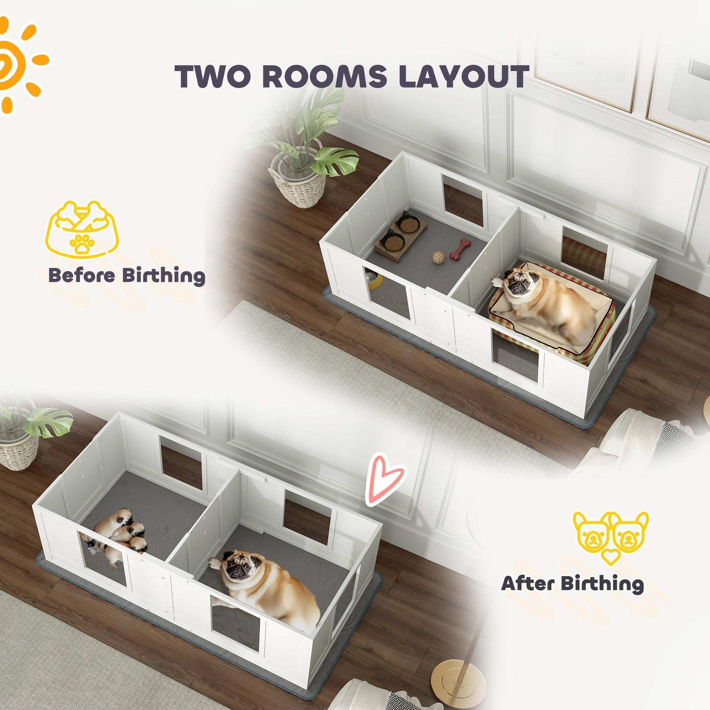 PawHut Two Room Design Whelping Box for Dogs with Whelping Pad, Clear Panels, Adjustable Entrance, for Small Dogs, 164 x 80cm
