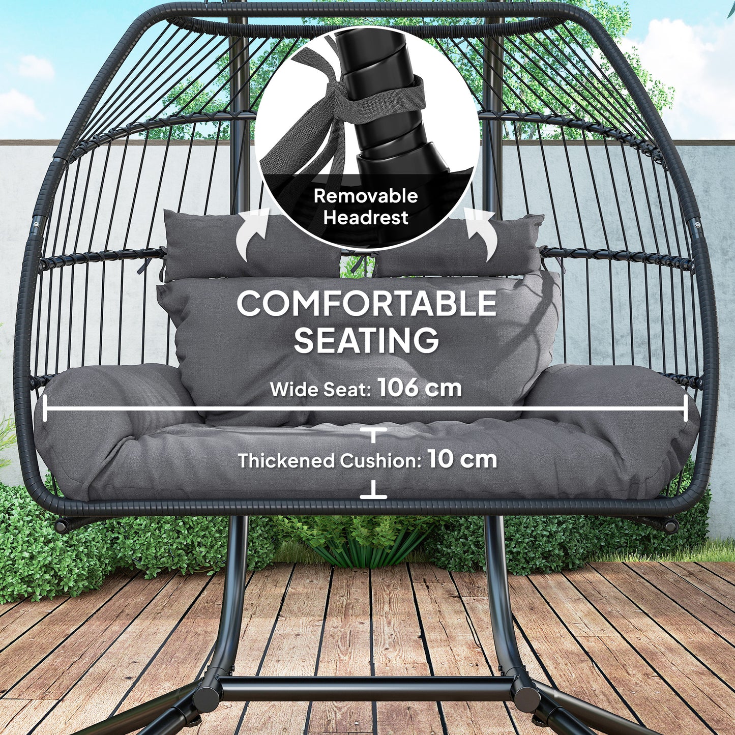Outsunny Rattan Double Hanging Egg Chair with Stand, Foldable Wicker Swing Egg Chair with Cushion, Head Pillows, Steel Frame, Hammock Chair for Indoor Outdoor